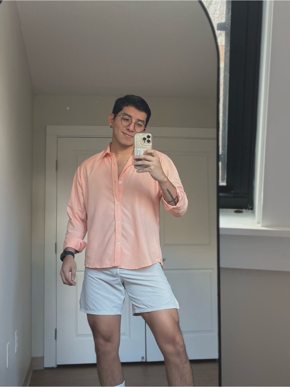 Men's Peach Casual Button-Down Shirt - Long Sleeve Relaxed Fit